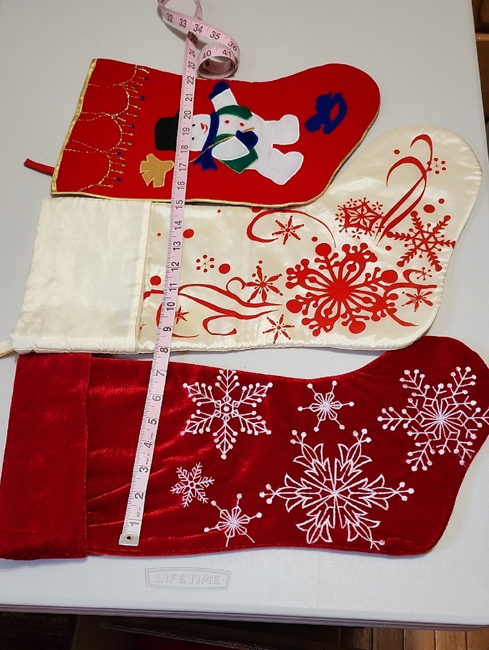 EUC Set Of 3 Holiday Velvet & Satin Christmas Stockings - Red and Cream